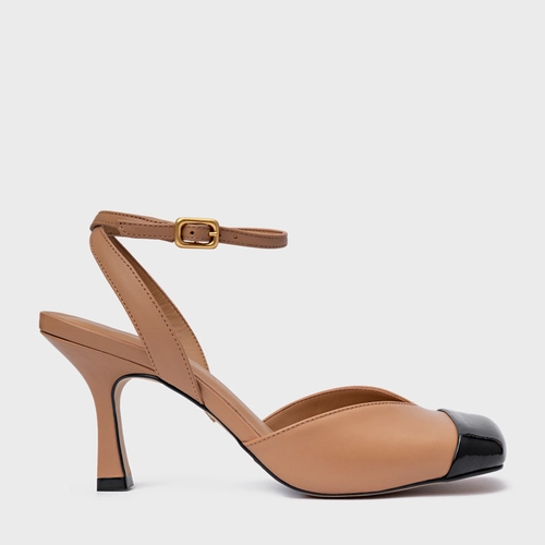 Scarpin Slingback Cap Toe Square Couro Marrom Cookie