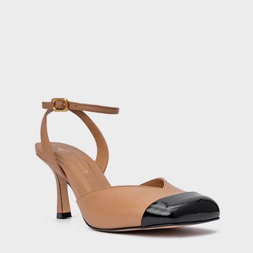 Scarpin Slingback Cap Toe Square Couro Marrom Cookie
