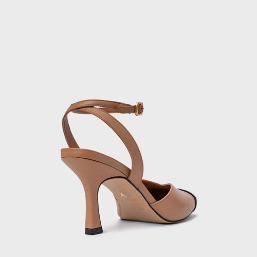 Scarpin Slingback Cap Toe Square Couro Marrom Cookie