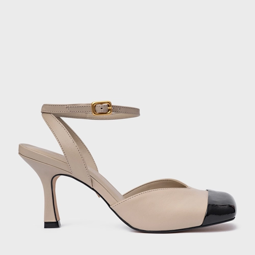 Scarpin Slingback Cap Toe Square Couro Bege Oatmeal
