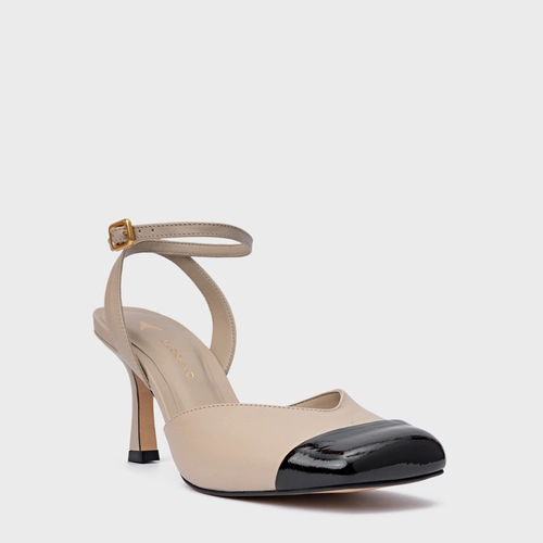 Scarpin Slingback Cap Toe Square Couro Bege Oatmeal