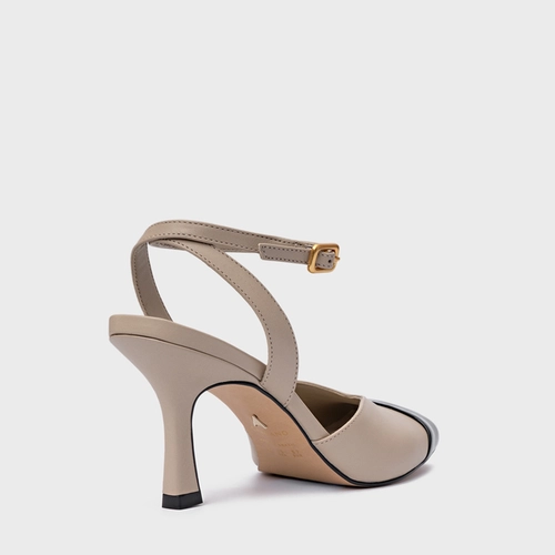 Scarpin Slingback Cap Toe Square Couro Bege Oatmeal