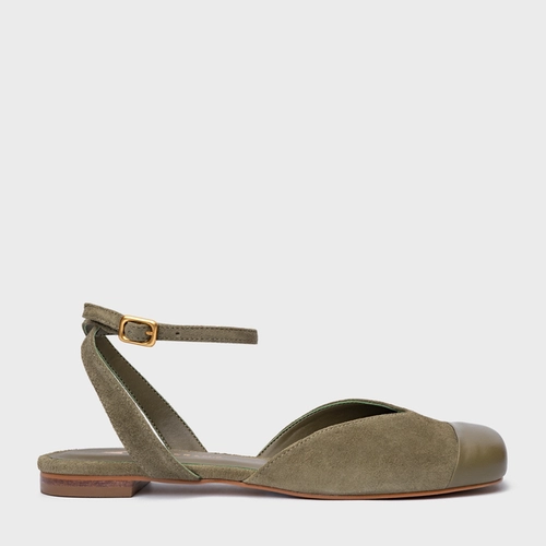 Sapatilha Slingback Cap Toe Square Couro Suede Verde Army Green