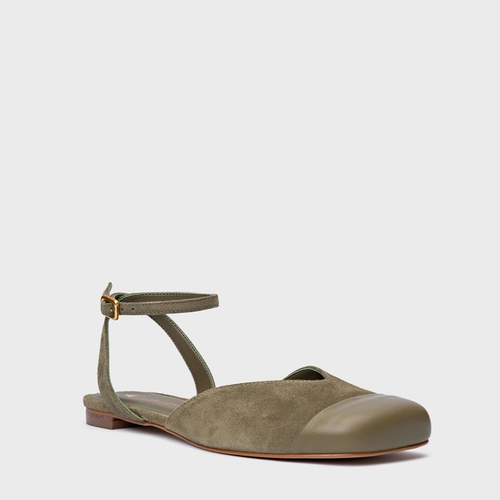 Sapatilha Slingback Cap Toe Square Couro Suede Verde Army Green