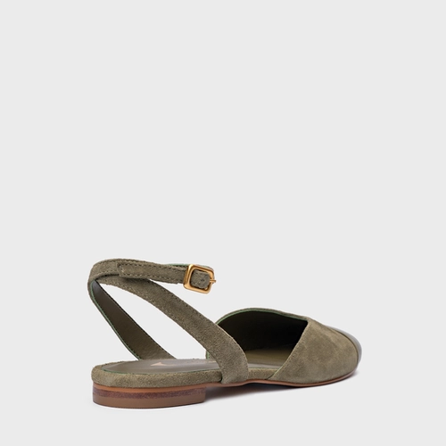 Sapatilha Slingback Cap Toe Square Couro Suede Verde Army Green