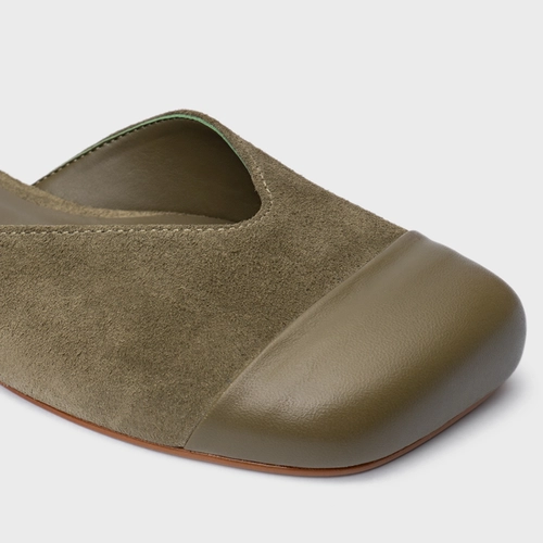 Sapatilha Slingback Cap Toe Square Couro Suede Verde Army Green