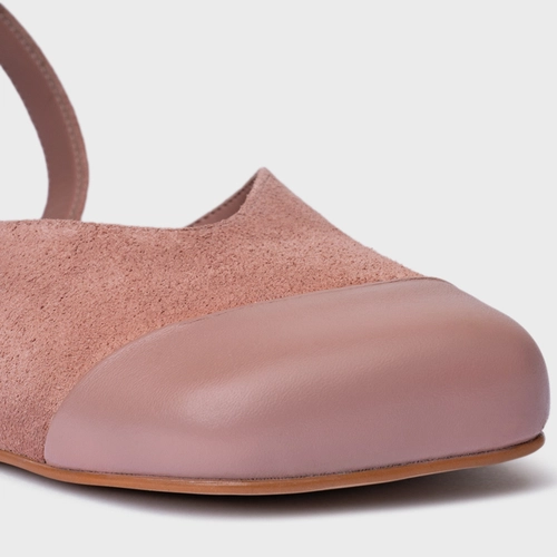 Sapatilha Slingback Cap Toe Square Couro Suede Rosa Ballet