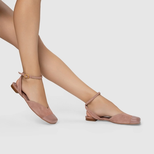 Sapatilha Slingback Cap Toe Square Couro Suede Rosa Ballet