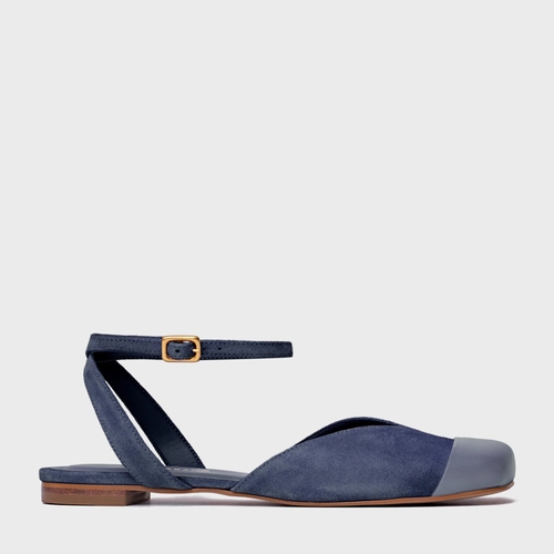 Sapatilha Slingback Cap Toe Square Couro Suede Azul Navy