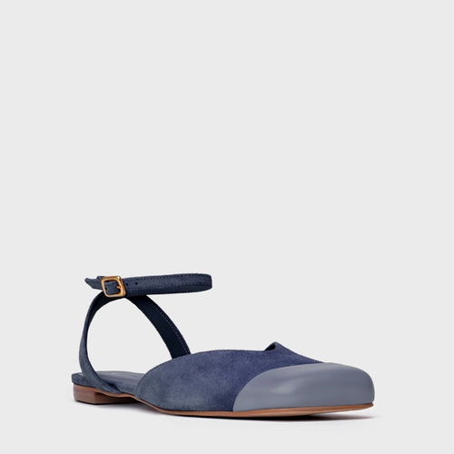 Sapatilha Slingback Cap Toe Square Couro Suede Azul Navy