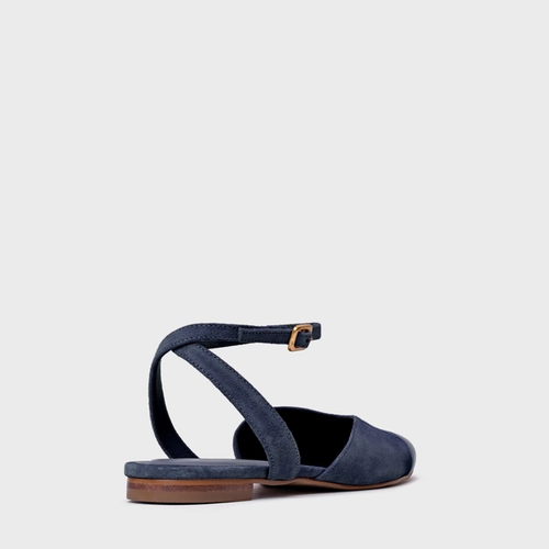 Sapatilha Slingback Cap Toe Square Couro Suede Azul Navy