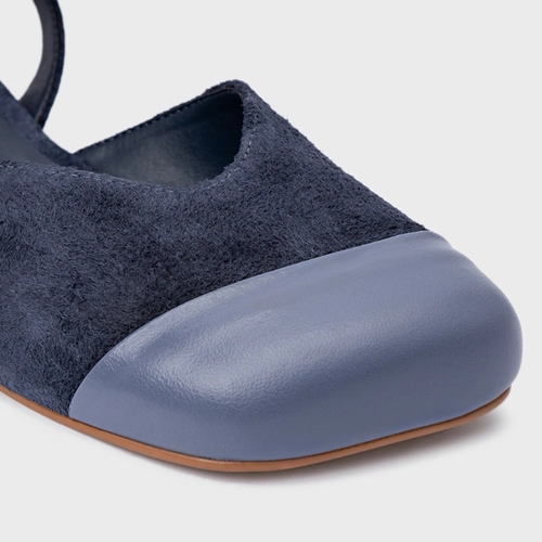 Sapatilha Slingback Cap Toe Square Couro Suede Azul Navy