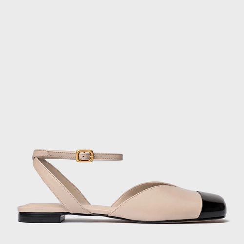 Sapatilha Slingback Cap Toe Square Couro Bege Oatmeal