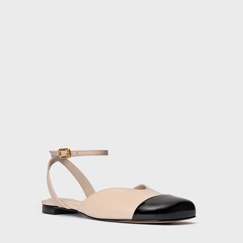 Sapatilha Slingback Cap Toe Square Couro Bege Oatmeal