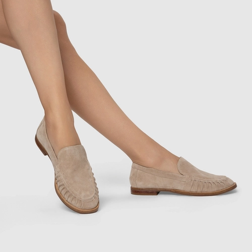 Loafer Drapeado Couro Suede Bege Oatmeal