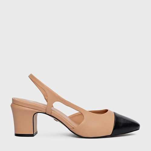 Scarpin Slingback Cap Toe Salto Bloco Couro Marrom Cookie