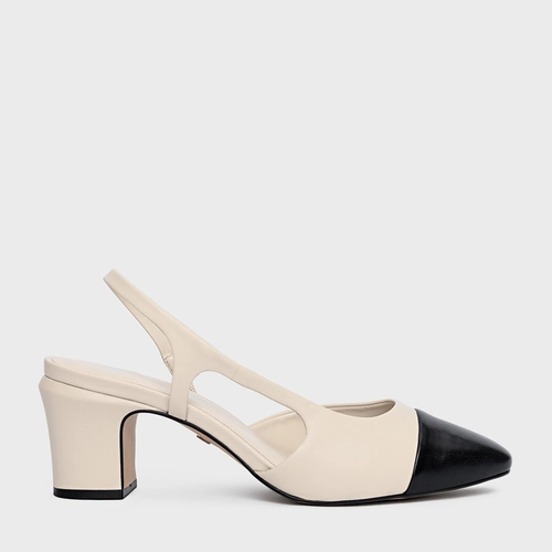 Scarpin Slingback Cap Toe Salto Bloco Couro Off White Vanilla