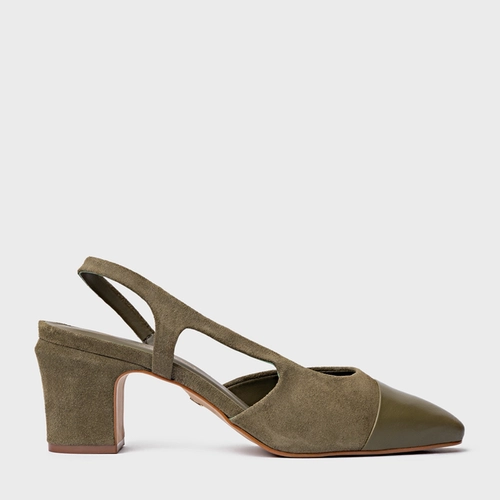 Scarpin Slingback Cap Toe Salto Bloco Couro Suede Verde Army Green