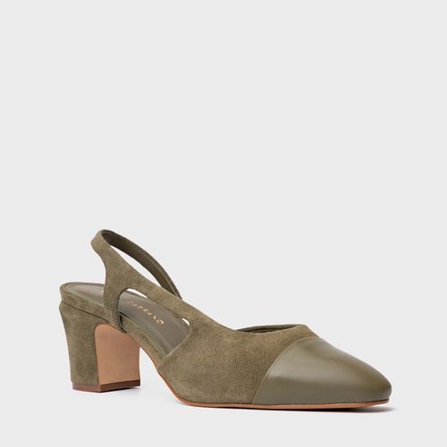 Scarpin Slingback Cap Toe Salto Bloco Couro Suede Verde Army Green