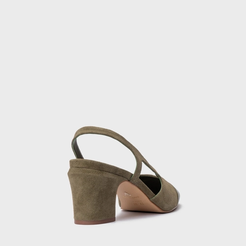 Scarpin Slingback Cap Toe Salto Bloco Couro Suede Verde Army Green