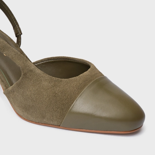 Scarpin Slingback Cap Toe Salto Bloco Couro Suede Verde Army Green