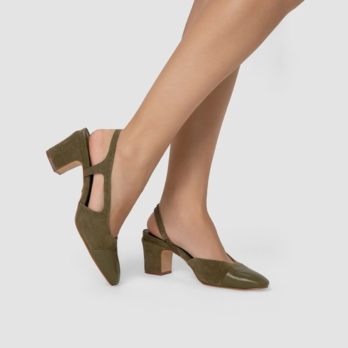 Scarpin Slingback Cap Toe Salto Bloco Couro Suede Verde Army Green