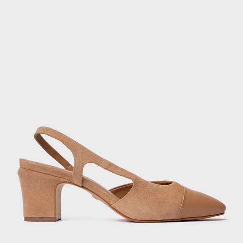 Scarpin Slingback Cap Toe Salto Bloco Couro Suede Marrom Cookie