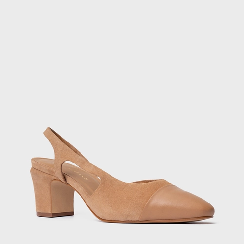 Scarpin Slingback Cap Toe Salto Bloco Couro Suede Marrom Cookie
