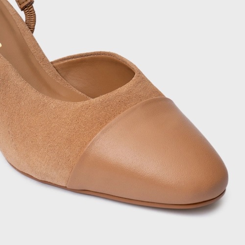 Scarpin Slingback Cap Toe Salto Bloco Couro Suede Marrom Cookie