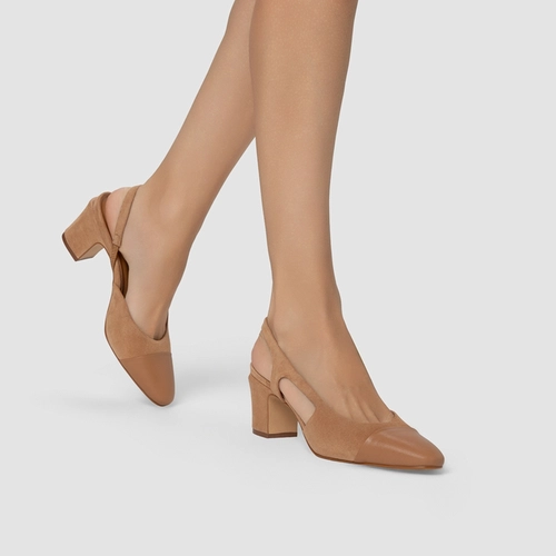 Scarpin Slingback Cap Toe Salto Bloco Couro Suede Marrom Cookie