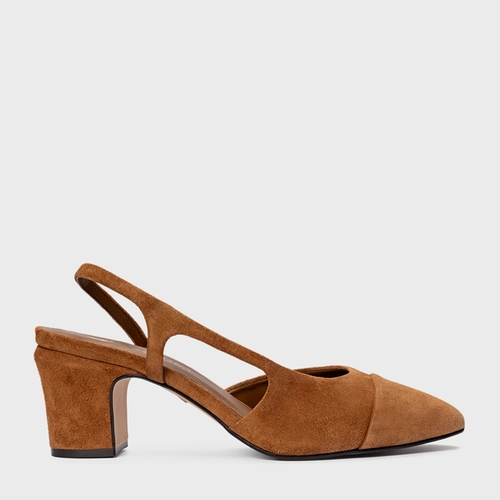 Scarpin Slingback Cap Toe Salto Bloco Couro Suede Marrom Saddle
