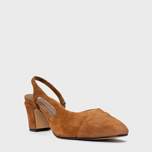 Scarpin Slingback Cap Toe Salto Bloco Couro Suede Marrom Saddle
