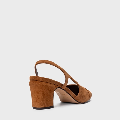 Scarpin Slingback Cap Toe Salto Bloco Couro Suede Marrom Saddle