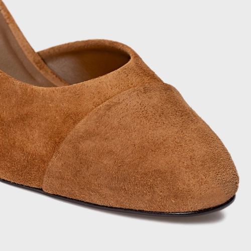 Scarpin Slingback Cap Toe Salto Bloco Couro Suede Marrom Saddle