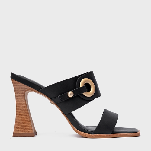 Open Mule Classy Salto Wave Couro Preto