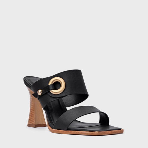Open Mule Classy Salto Wave Couro Preto