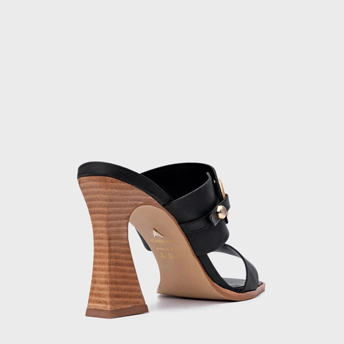 Open Mule Classy Salto Wave Couro Preto