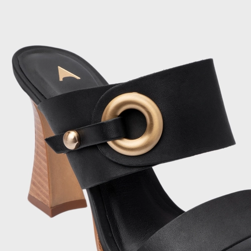 Open Mule Classy Salto Wave Couro Preto