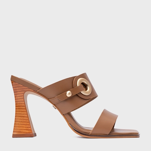 Open Mule Classy Salto Wave Couro Marrom Gingerbread