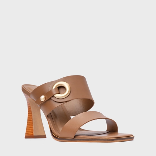 Open Mule Classy Salto Wave Couro Marrom Gingerbread