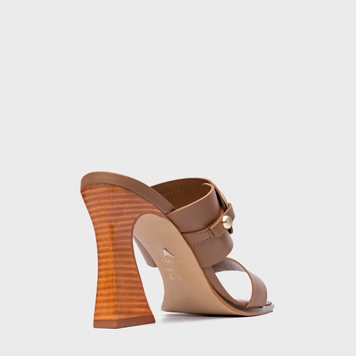 Open Mule Classy Salto Wave Couro Marrom Gingerbread