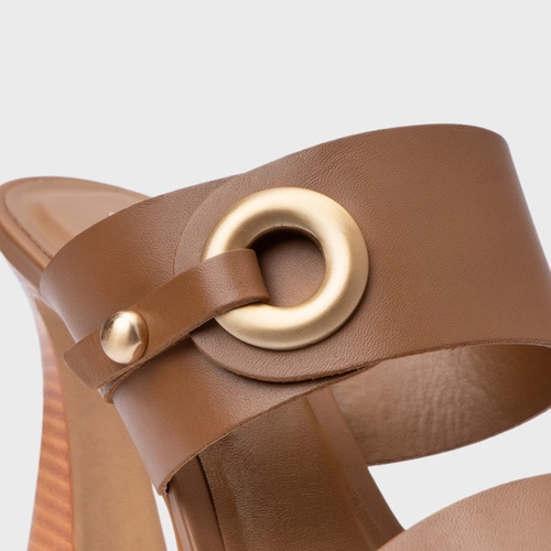 Open Mule Classy Salto Wave Couro Marrom Gingerbread