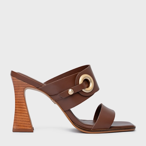 Open Mule Classy Salto Wave Couro Marrom Walnut