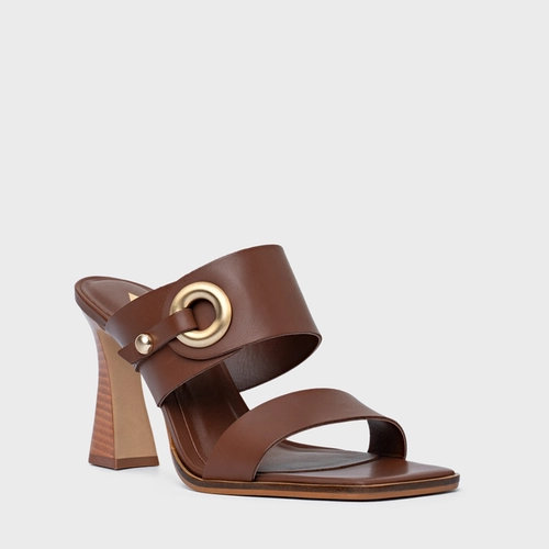 Open Mule Classy Salto Wave Couro Marrom Walnut