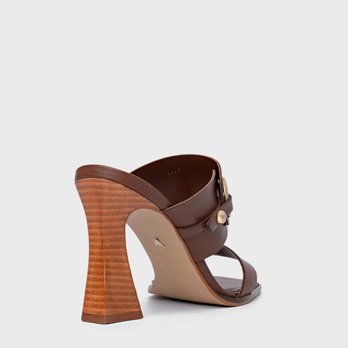 Open Mule Classy Salto Wave Couro Marrom Walnut