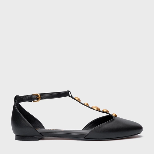 Sapatilha Slingback Gold Details Couro Preto