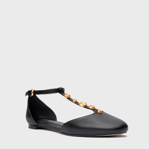 Sapatilha Slingback Gold Details Couro Preto