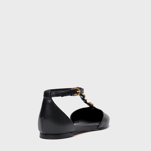 Sapatilha Slingback Gold Details Couro Preto