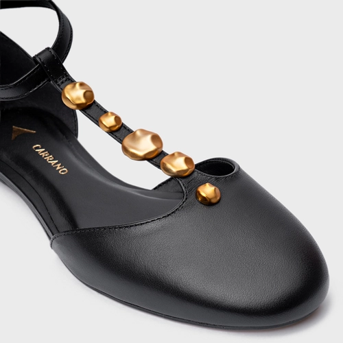 Sapatilha Slingback Gold Details Couro Preto