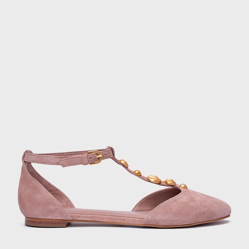 Sapatilha Slingback Gold Details Couro Suede Rosa Ballet